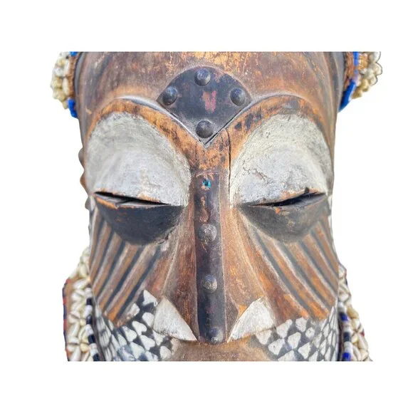 Ibo Tribe Tribal HEALING Mask Cowrie Shells Zebra Mane Metal Work details Large